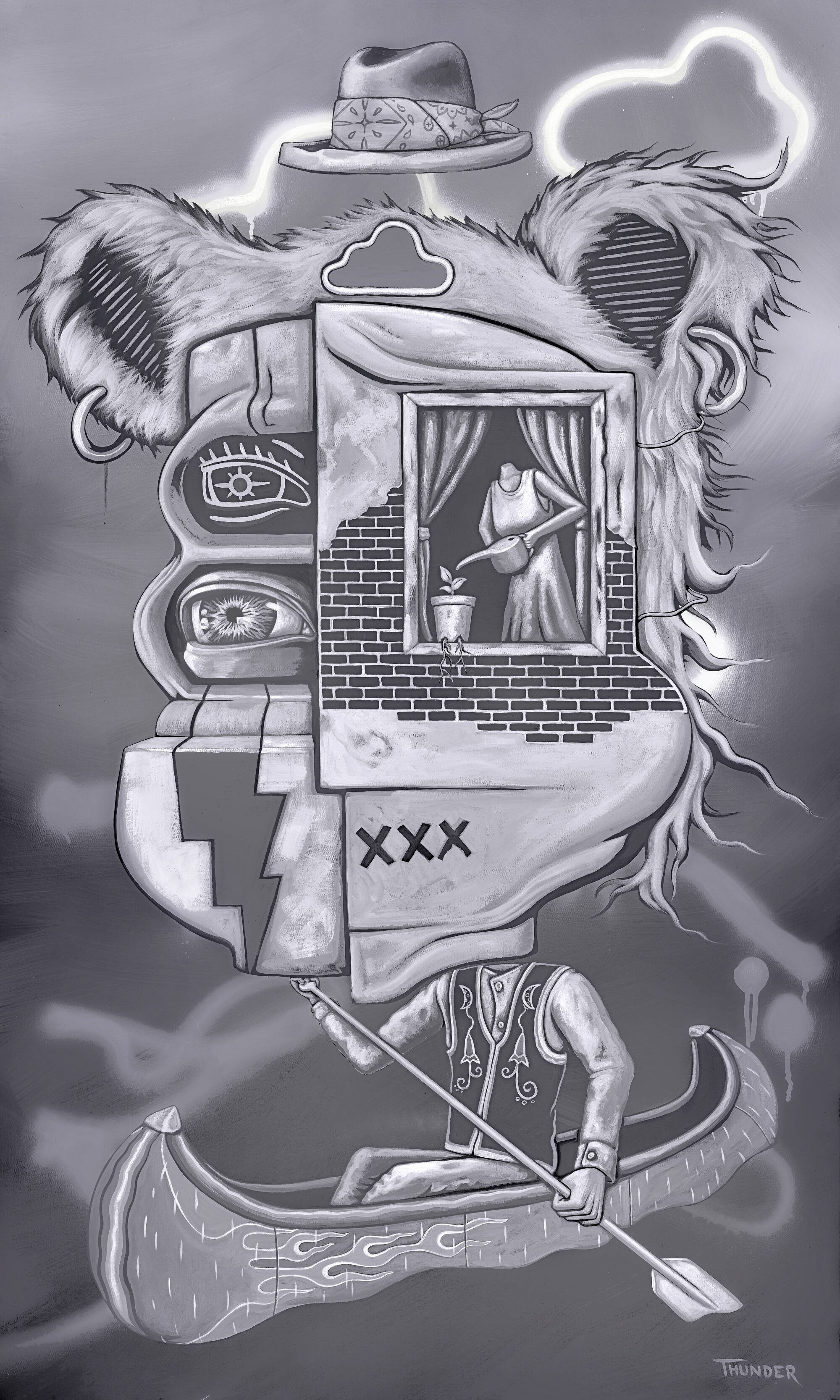 A painting depicting a figure wearing a vest in a canoe. The figure has a massive bear head, which is broken up into several compartments. There is one section where the head is instead a brick wall with a window.